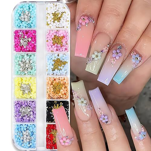 12 Grid 3D Flowers Nail Charms Acrylic Colorful Flowers Nail Art Rhinestones