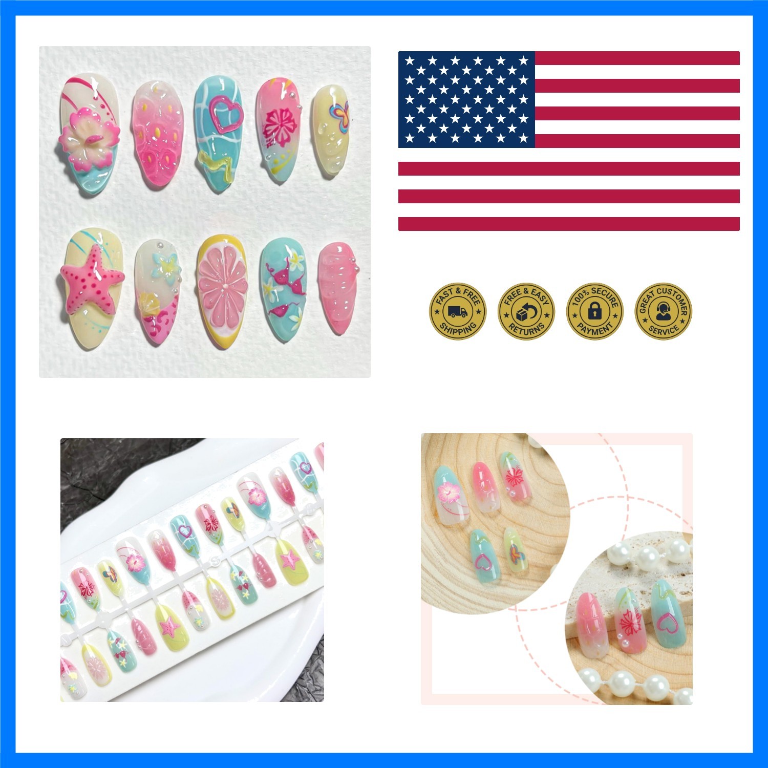 Colorful Press on Nails Summer Beach Painted Fake Nails with 3D Pearl Flower …