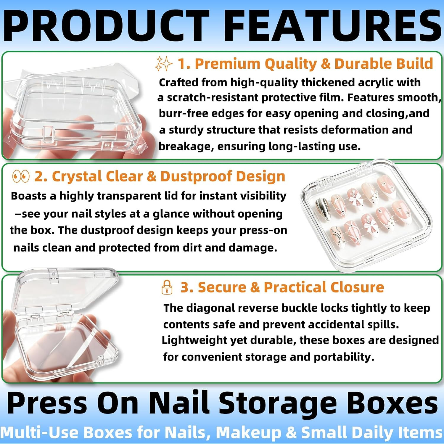 12 Pcs Clear Acrylic Press on Nail Storage Box with 30 Pcs Adhesive Double Sided