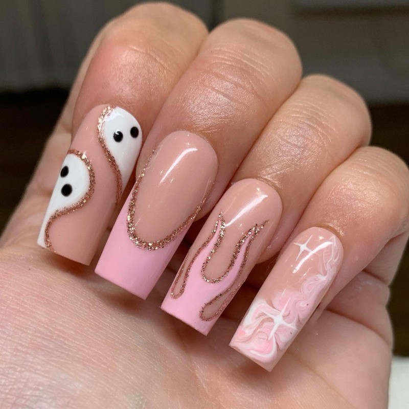 Pink Ghost Handmade Press on Nails Flame Swirl Glitter Sheer Gloss Fake Nails