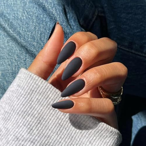 Black Press on Nails Medium Stiletto Almond, Matte Pure Color Matte Black