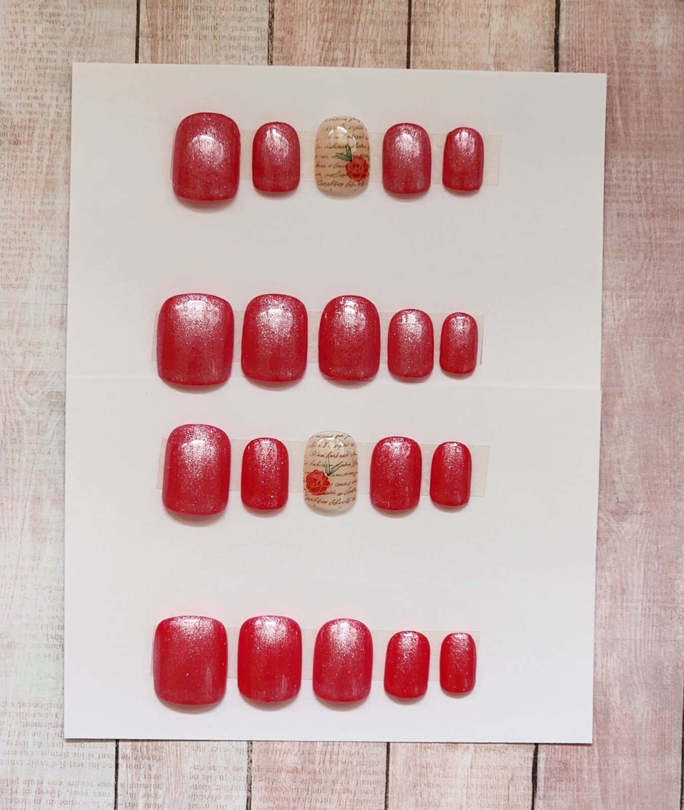 Custom Press On Handmade Gel Nails Red Sparkle Floral Accent Square Short 20 Tip
