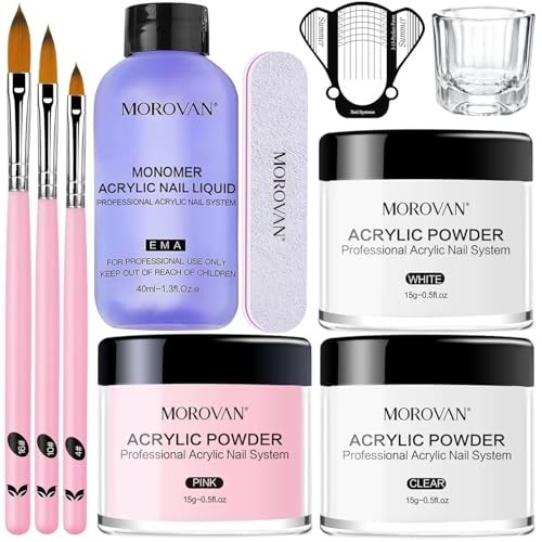 Acrylic Nail Kit: Clear Pink White Acrylic Powder and Professional Liquid Set fo
