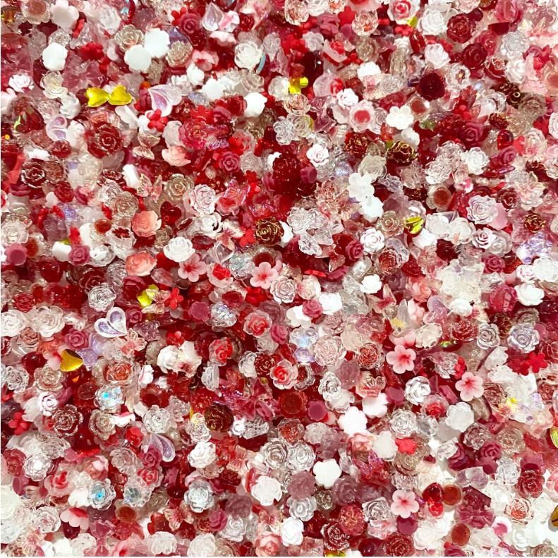 Red White Nail Art Charms Mixing Collection Rose Heart Bow Flower Decor 60Pcs