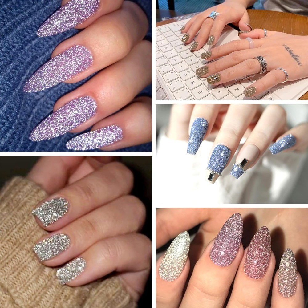 Reflective Glitter Powder Set 8 Colors Shiny Nail Art Dust Dipping Pigment for