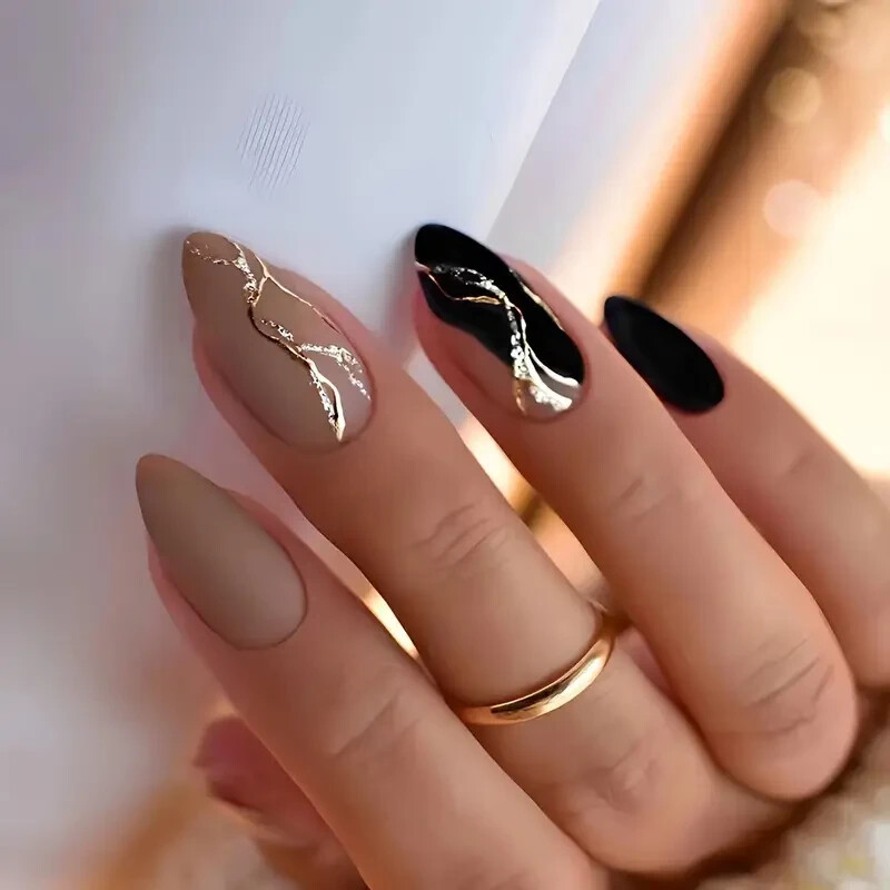24pcs Matte Medium Almond Fake Nails, Nude And Black Press On Nails With Golden