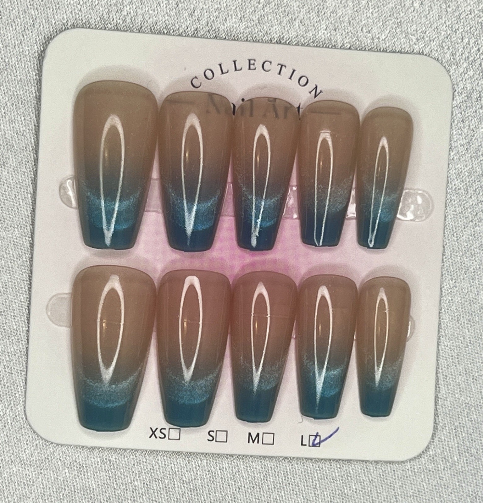 Long Coffin Blue Nude White Ombre Press-On Nails, Pre-Designed Full Cover size L