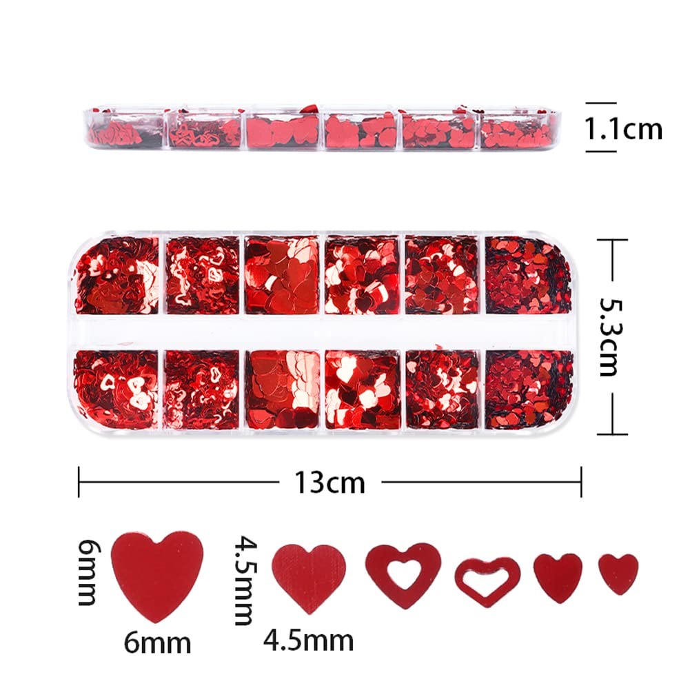 12 Grids Valentines 3D Heart Nail Glitter Sequins for Nail Art Decoration