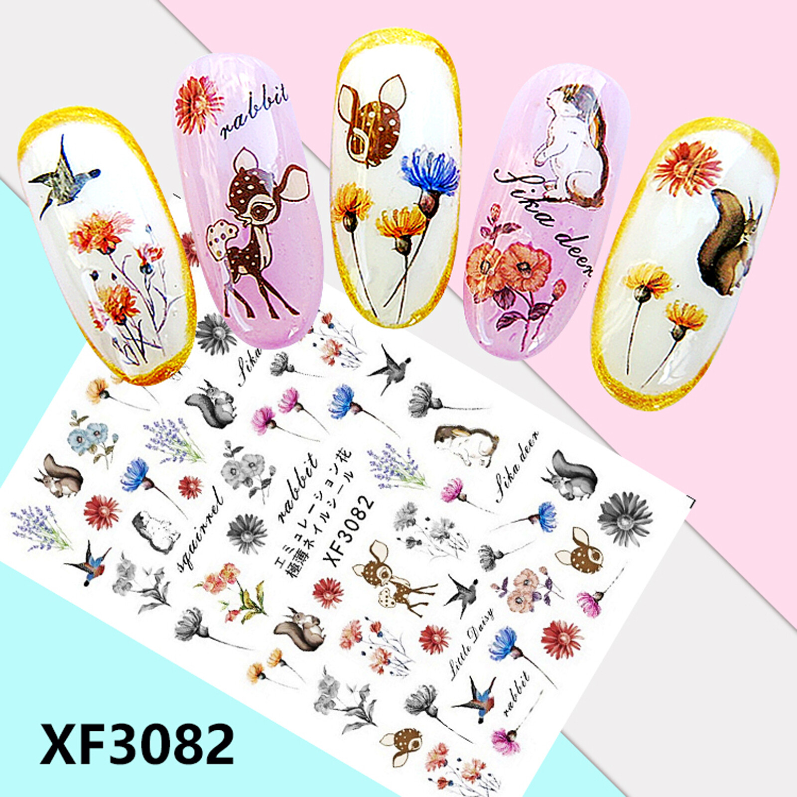 Nail Art 3D Decal Stickers rabbit squirrel Sika deer bird lavender flower XF3082