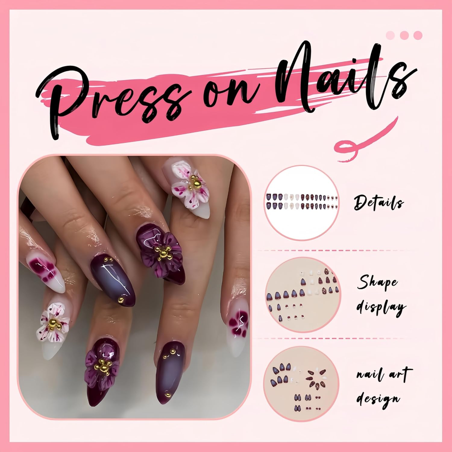 30Pcs Purple Flowers Press on Nails Medium Almond Fake Nails 3D Flower False Nai