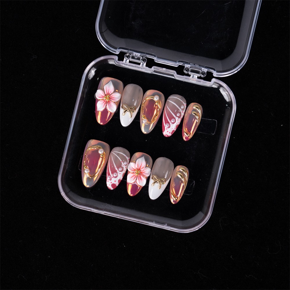 Handmade Press On Nails High Quality Pink Floral Gold Almond Fake Nails Gift