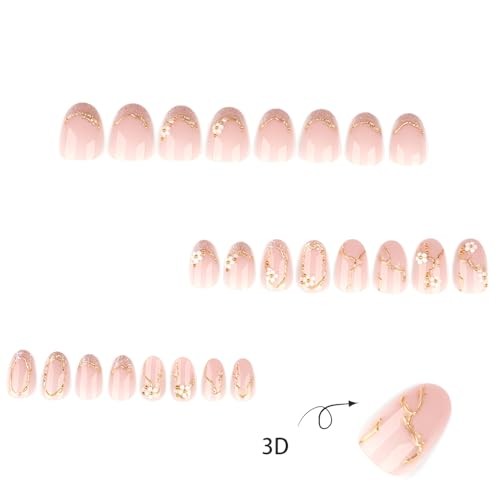 Flower Press on Nails Short Almond Fake Nails Glitter French Tip White Flower 1