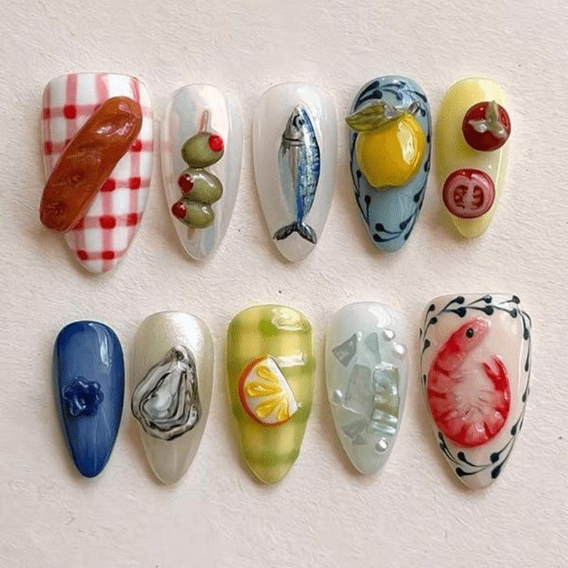 48 Pcs Cartoon Food Almond Press on Nails, Lovely Summer Vacation Fake Nails
