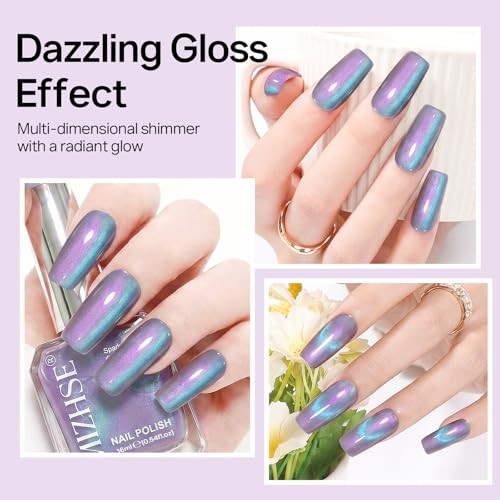 Cat Eye Nail Polish Non Gel, Quick Dry Blue Glitter Cateye Purple Aurora