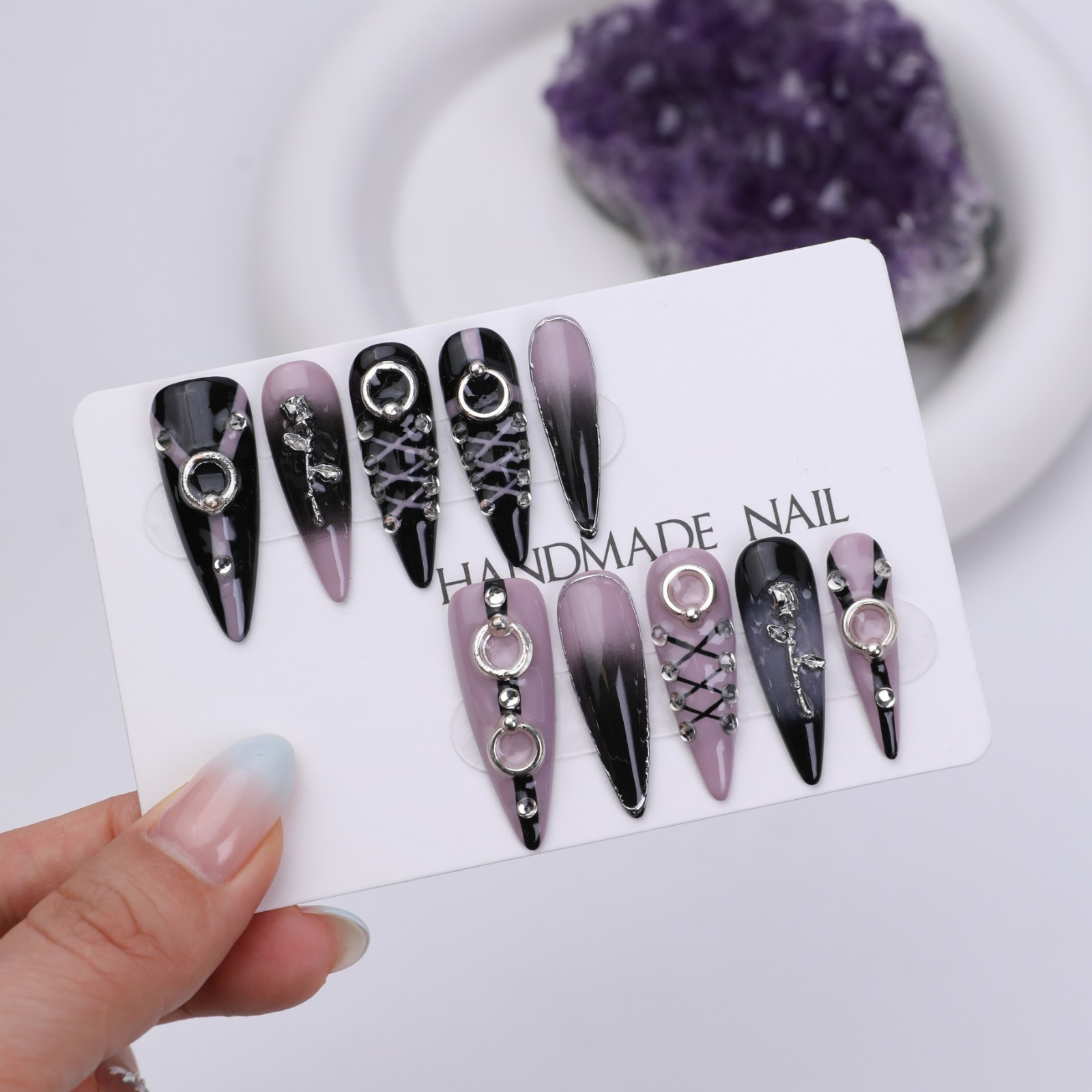 Black Purple Stiletto Press On Nails Long Gothic Rhinestone Reusable Set Glue On