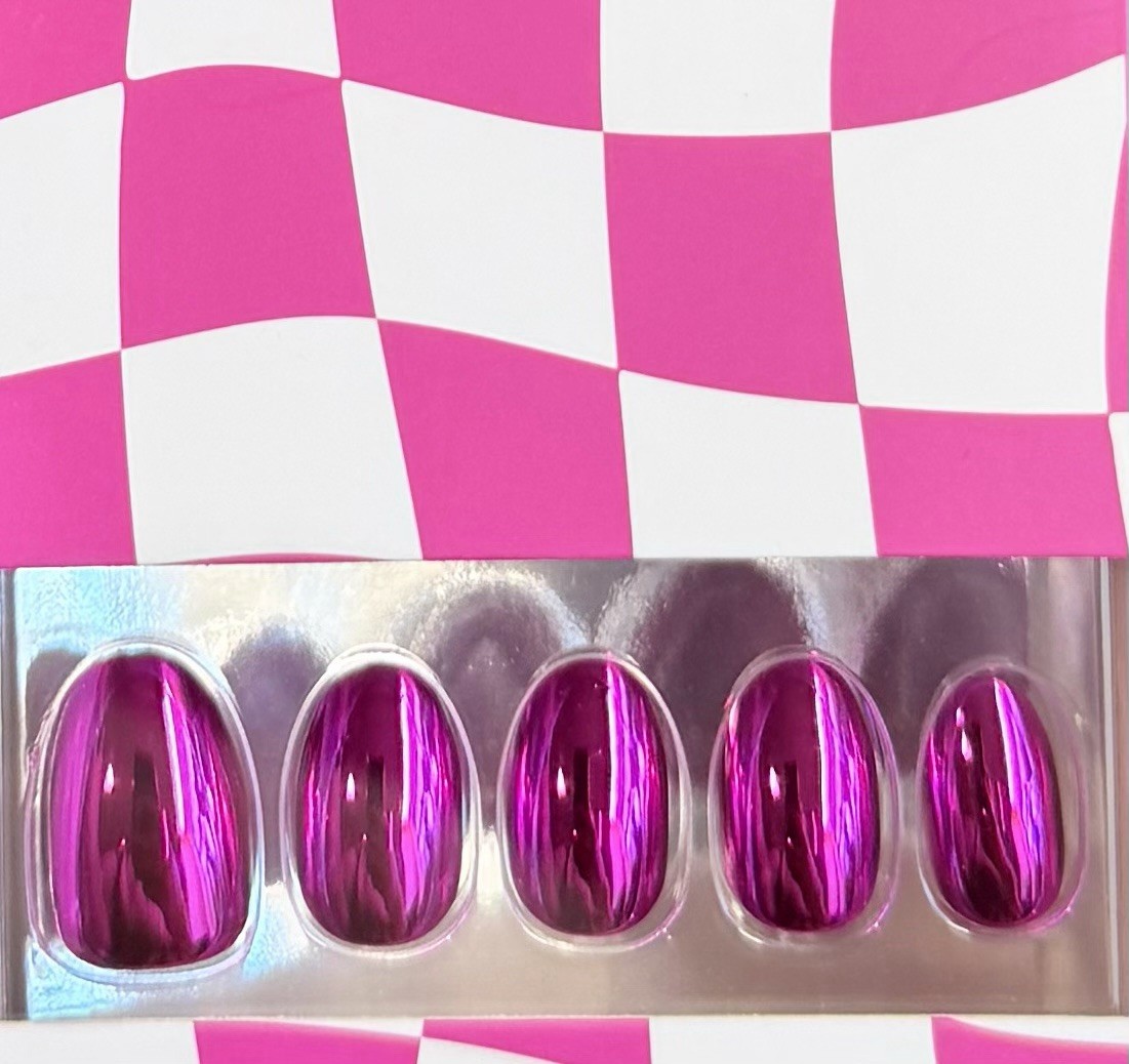Red Aspen Press On Short Almond Pink Chrome Sequoia On Speed Dial 💅