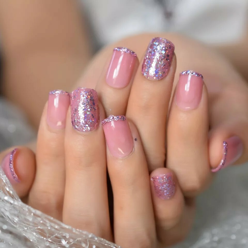 Clear Purple Pink Glitter design Press on Nails w/ glue short rose gold sparkle