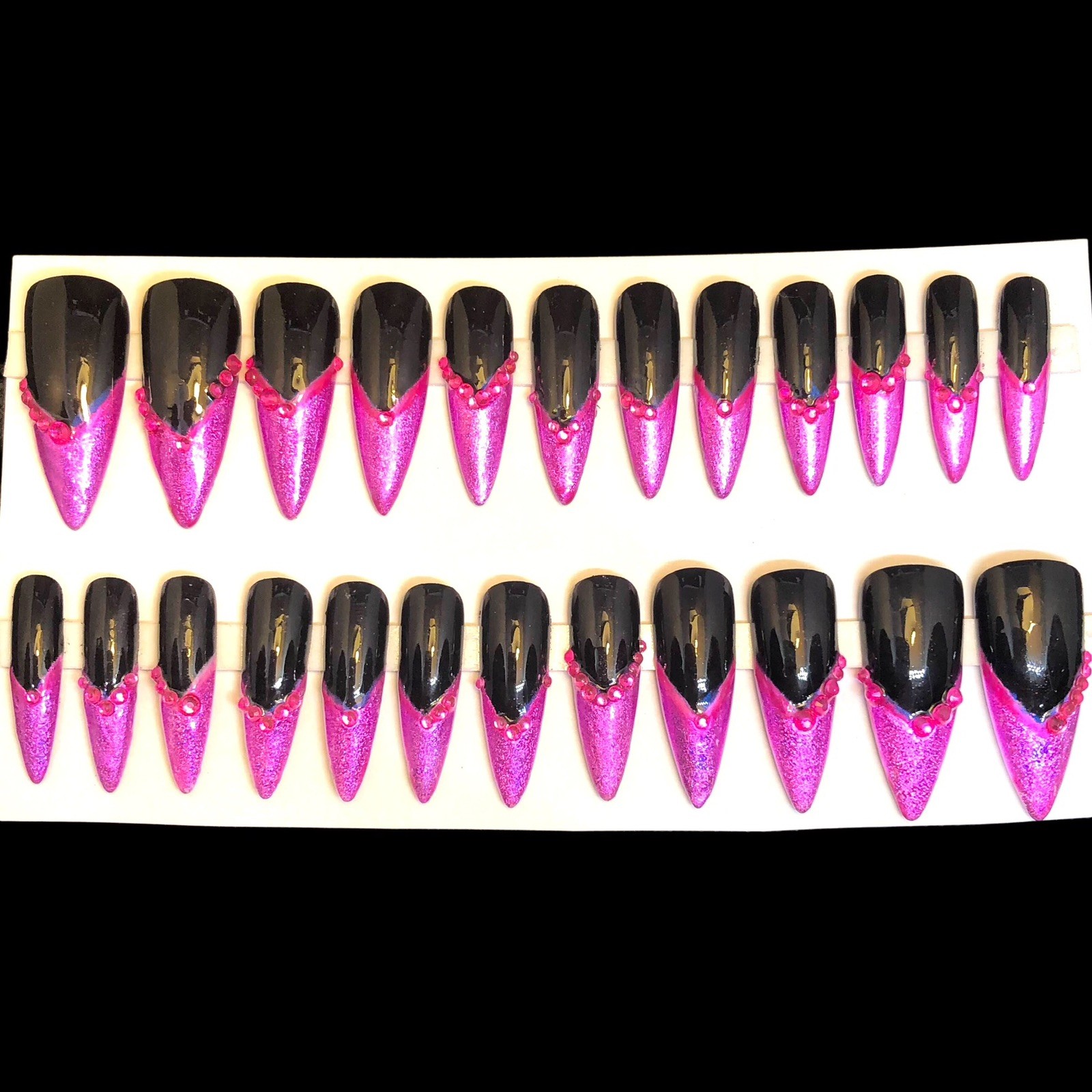 Custom Handmade Press On Nails Long Stiletto Black & Pink Hologram French Tips