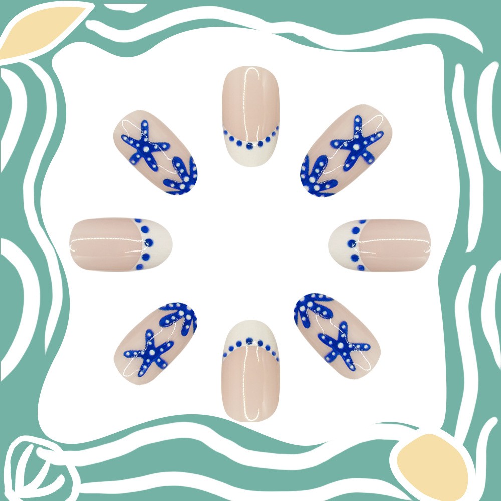 48pcs-Summer Ocean French Press on Nails, Medium Almond Starfish Fake Nails