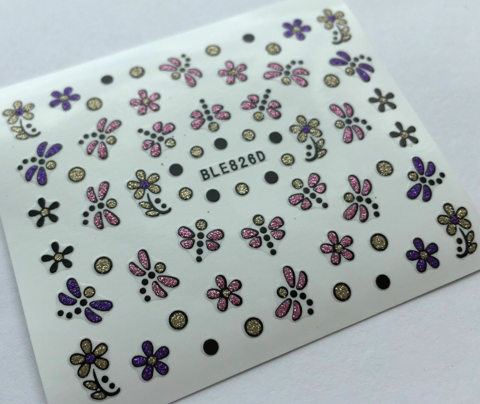 Nail Art 3D Glitter Decal Stickers Dragonfly Flowers Pink Purple Gold BLE826D