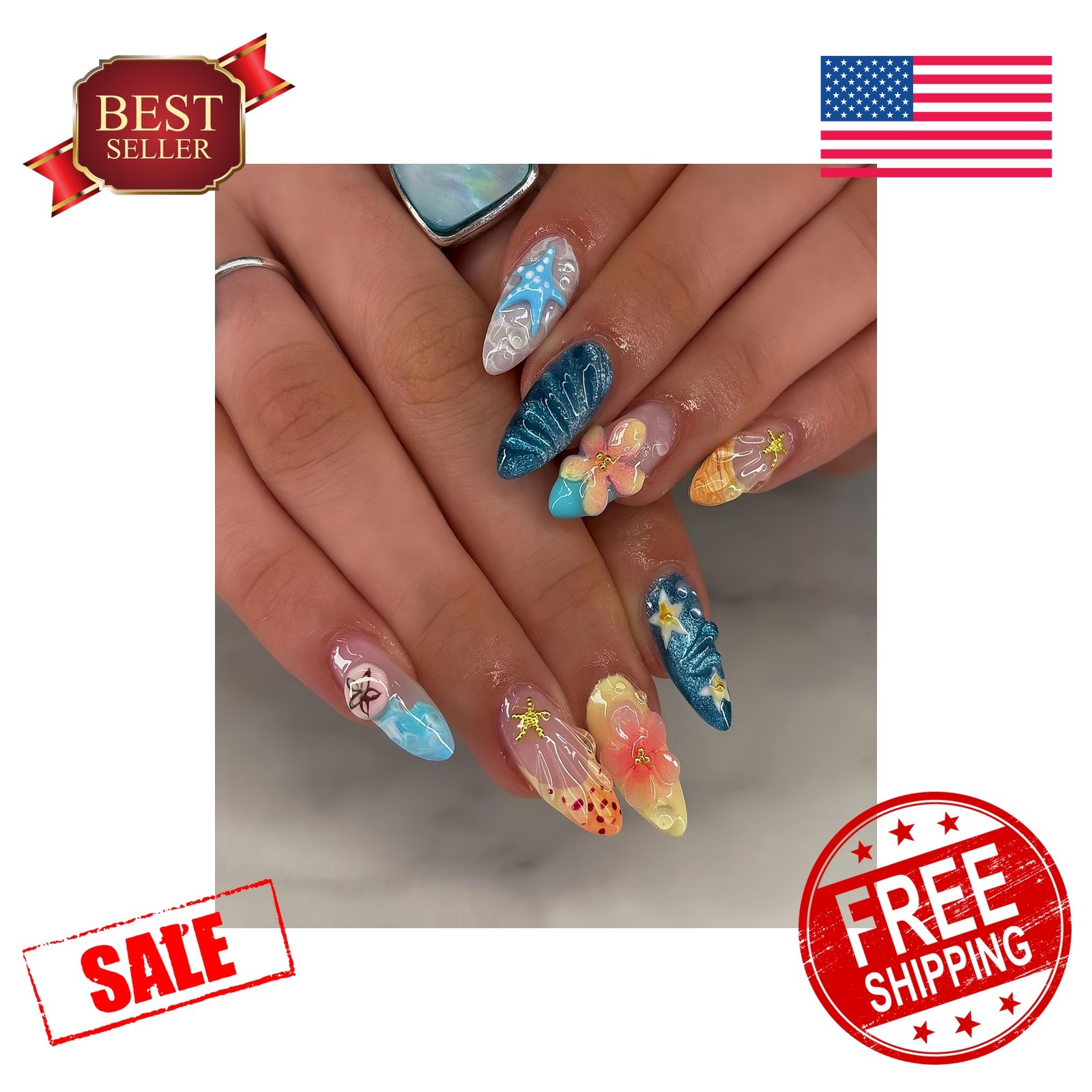 Tephrent French Tip Press on Nails Medium Almond Beach Flowers