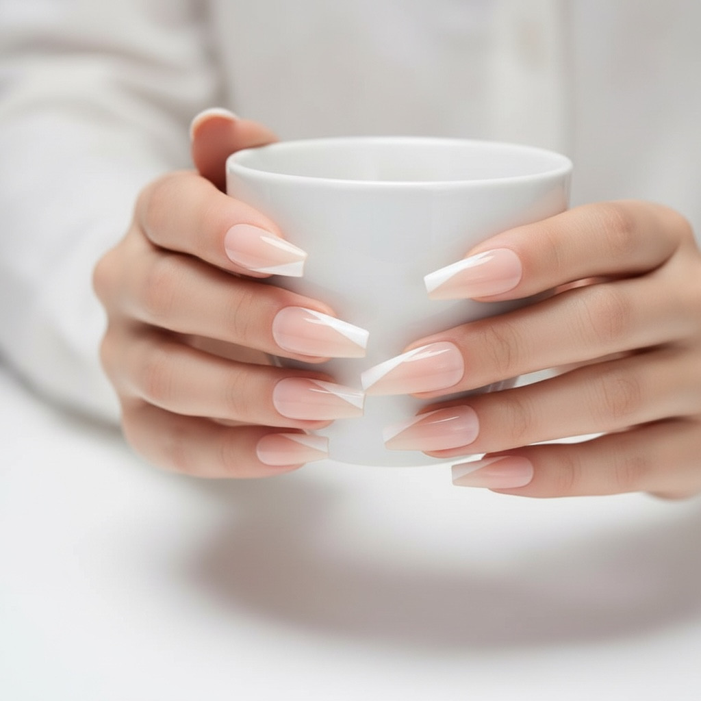 Natural Nude White French Press On Nails Extra Long Coffin Ballerina Fake Nails
