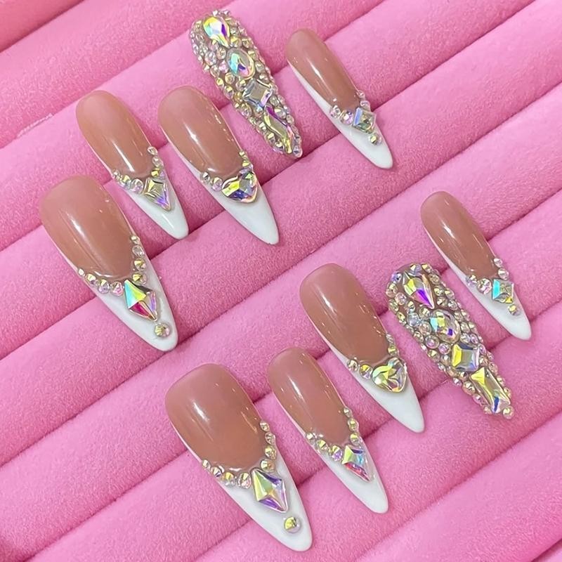 Handmade Colorful Full Stone Press On Nails Short Square Shimmery False Nails