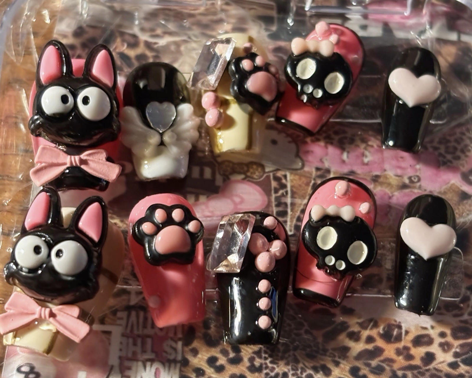 3D Cat Paw Press-On Nails Acrylic Coffin Medium Black Pink Red White Set