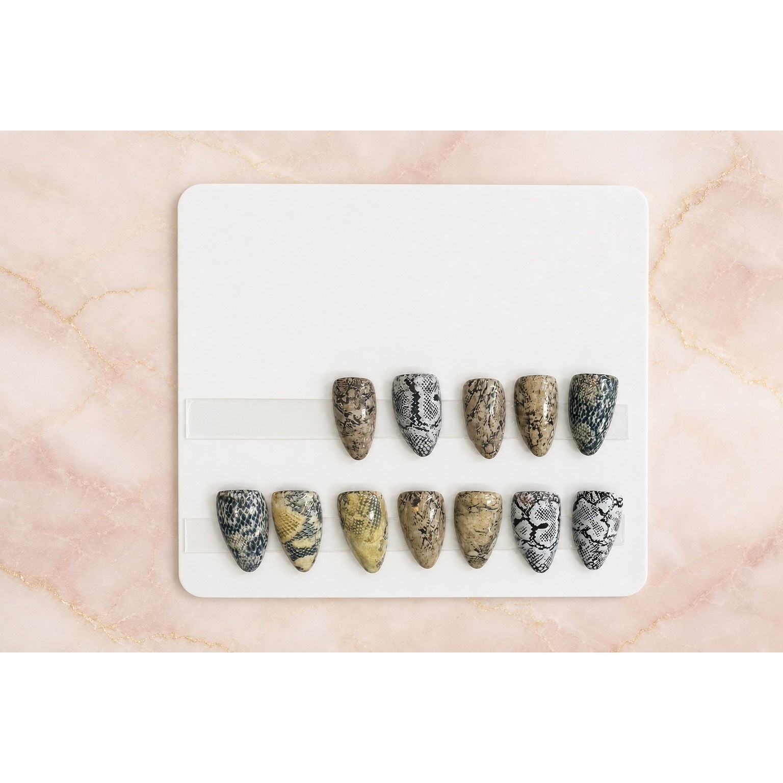 Handmade Snakeskin High Apex Almond Press On Nails 30 Piece Reusable Set