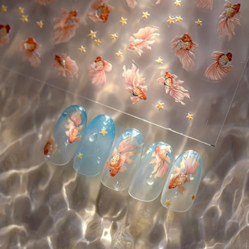 Nail Art Stickers Sparkly Koi Fish Nail Stickers 5D Embossed Cute Star Goldfish