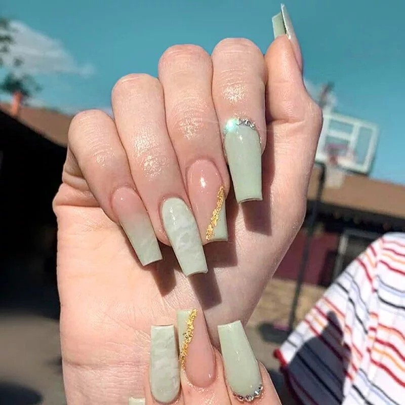 24 Green Marble Jade Press on nails kit glue ombre nude french gems