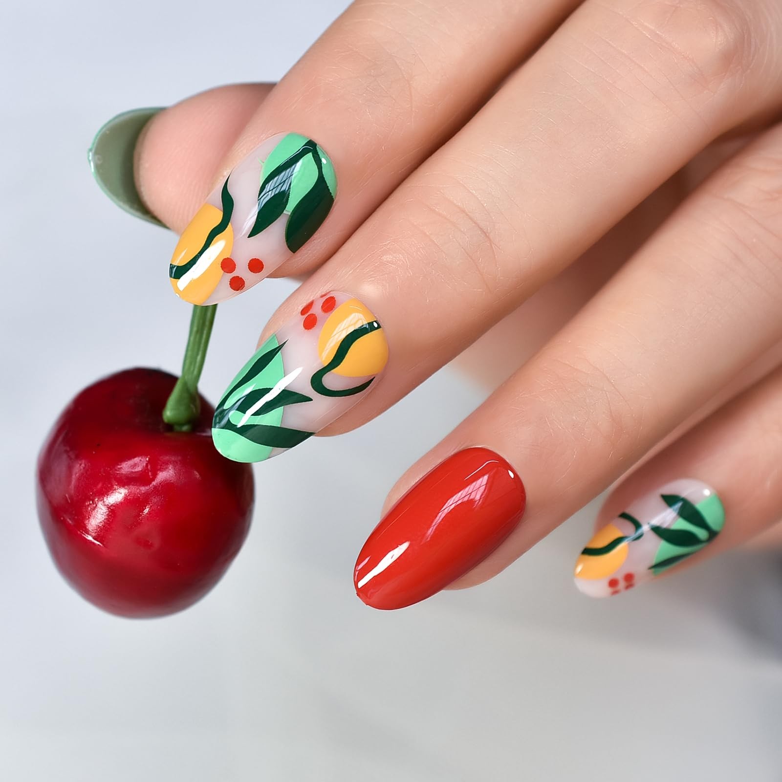 Pre-design Press On Nails Glossy Green Red False Nails Medium Long Nail Art T…