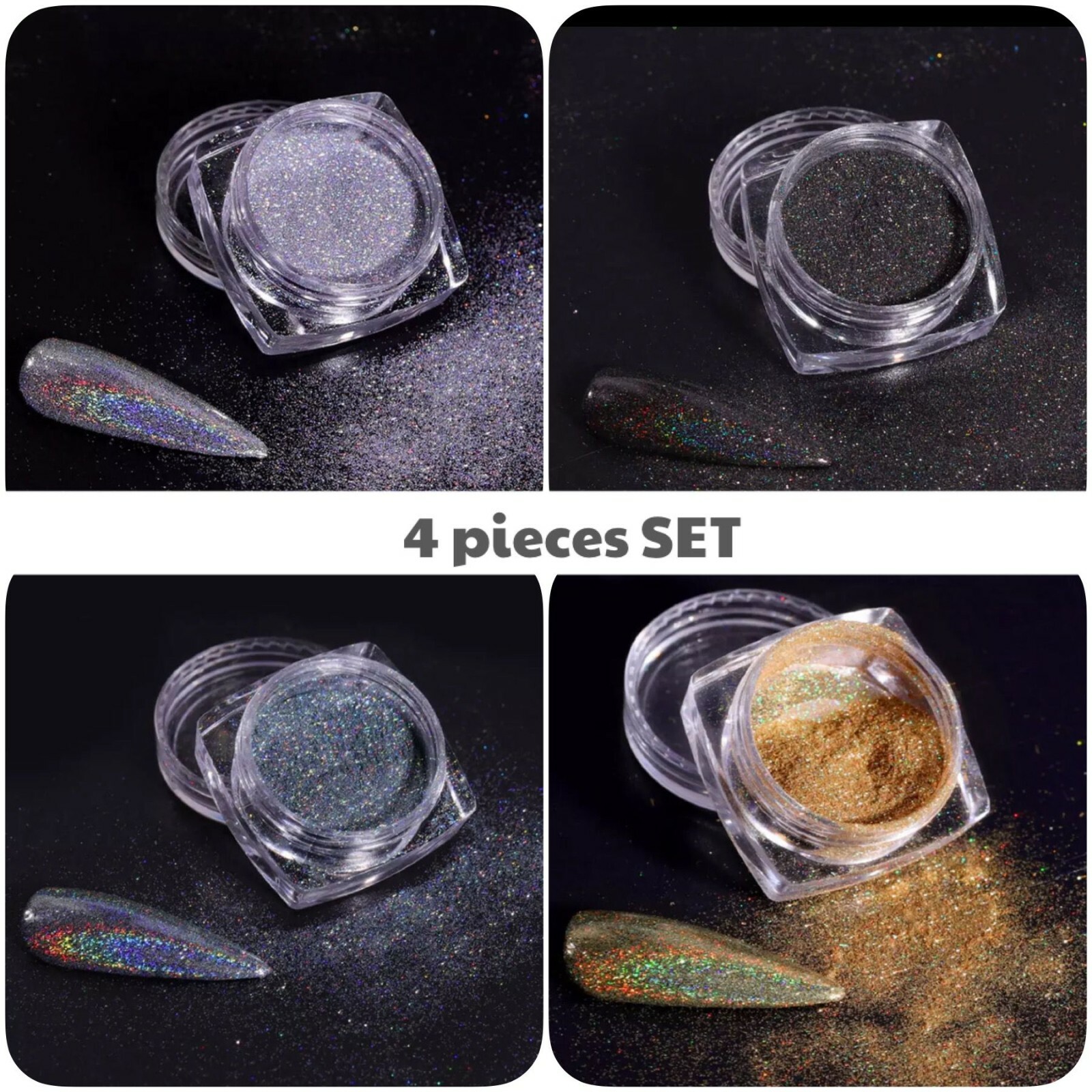 Holographic Nail Glitter Powder 4 piece SET Silver Grey Black Gold Unicorn Laser