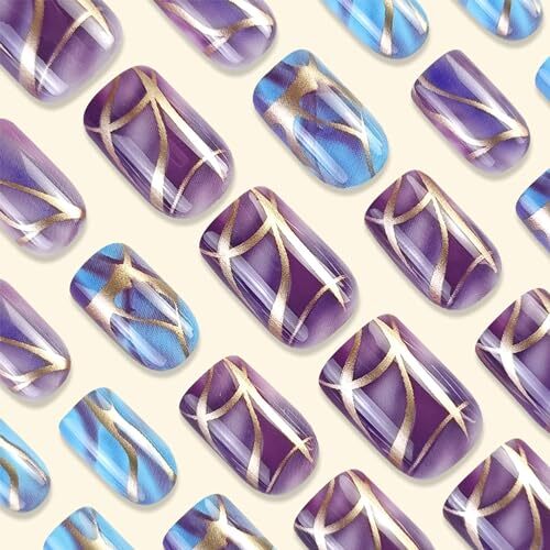 Blue Press on Nails Short Square Fake Nails Ombre False Nails Purple Gradient
