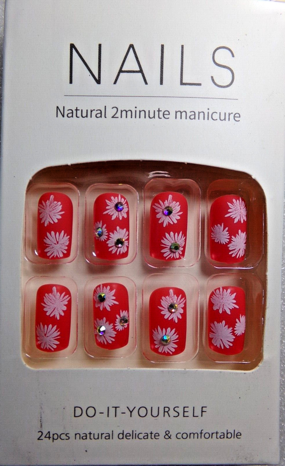 Do it yourself NAILS GLUE ON Matte Red with White Flowers & Gems Medium LENGTH
