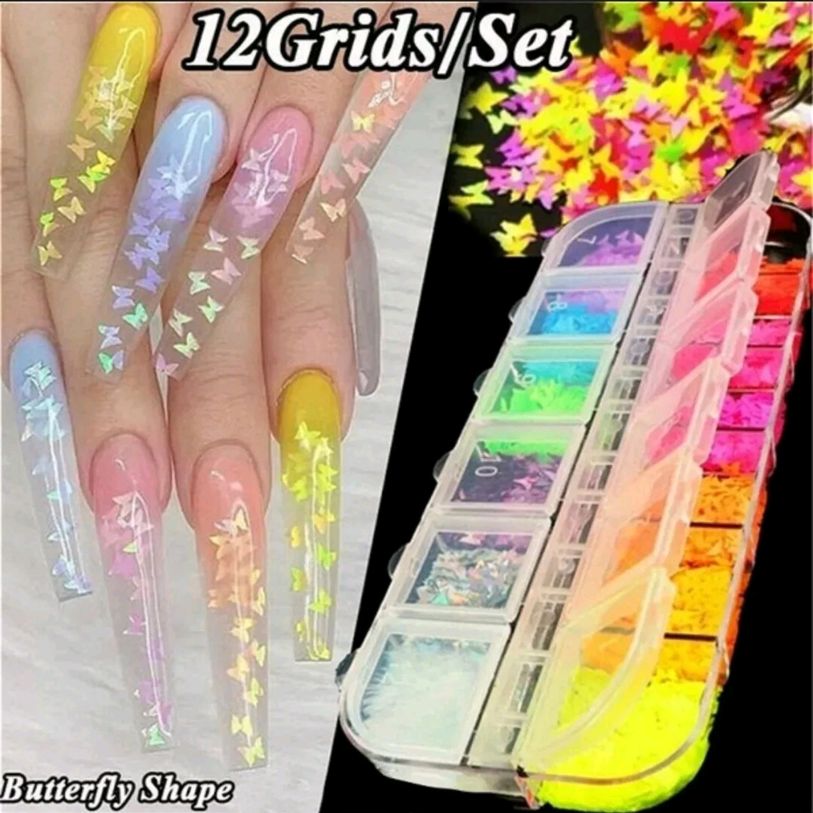 12 Grids Butterfly Nail Art Glitter – Colorful Iridescent Flakes Nail Decoration