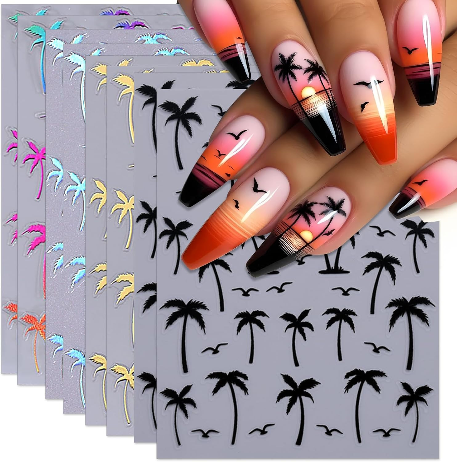 Summer Palm Tree Nail Art Stickers – Colorful Coconut Tree Seagull Self-Adhesive