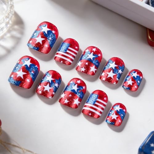 Red American Press On Nails – 4th of July Short Fake Nail