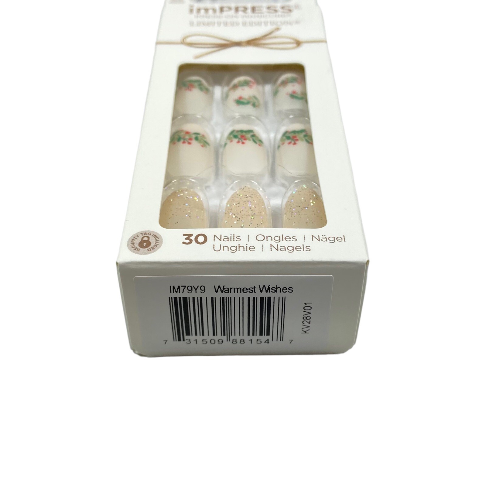 NEW Kiss Nails Impress Press Manicure Medium Almond Matte White Holly Christmas