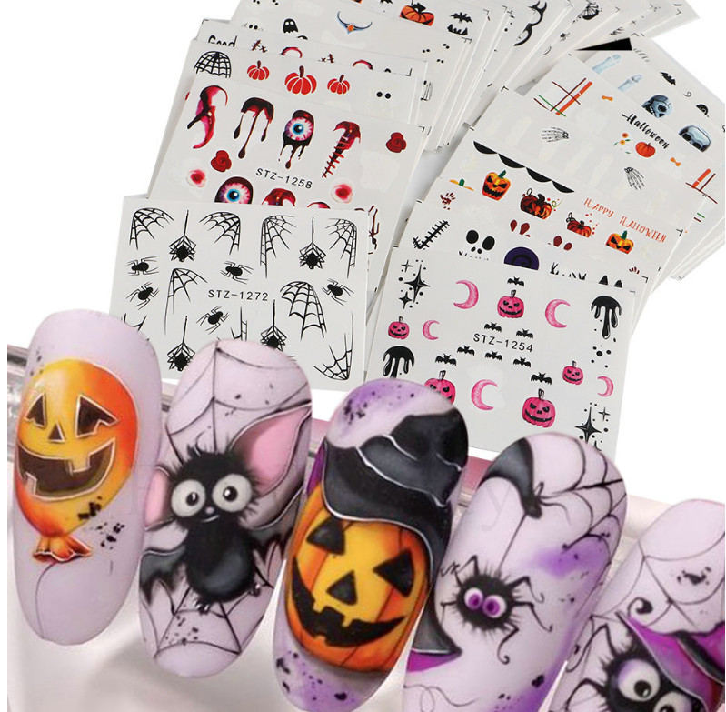 Halloween Nail Art Stickers Water Transfer Decals Ghost Pumpkin Skull Web NH23