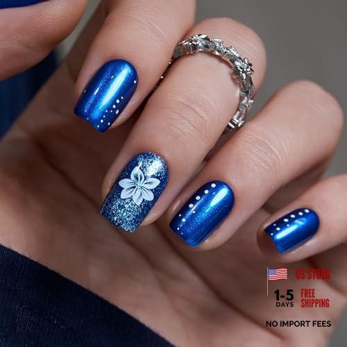 Press On Nails Short Square – Metallic Royal Blue Nails with White Flowers