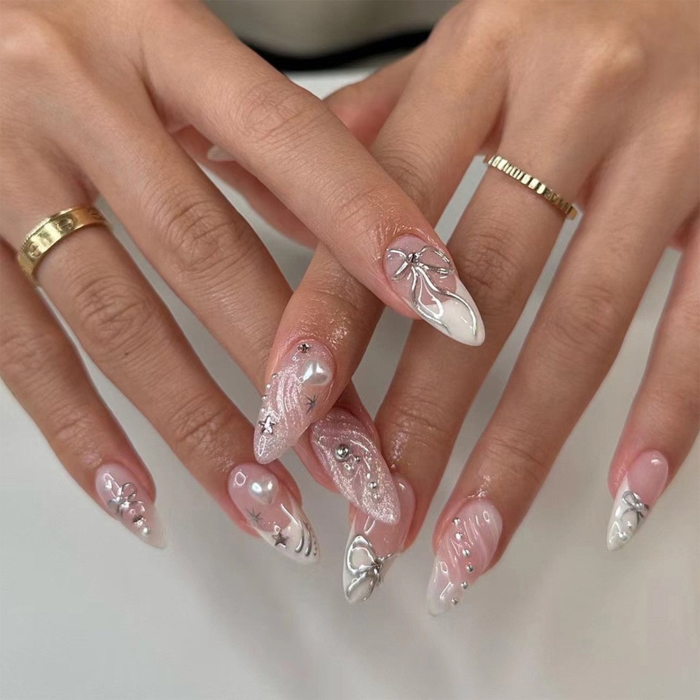 3D Press On Nails Self Adhesive Almond Shape with Heart Bow French Tip Design