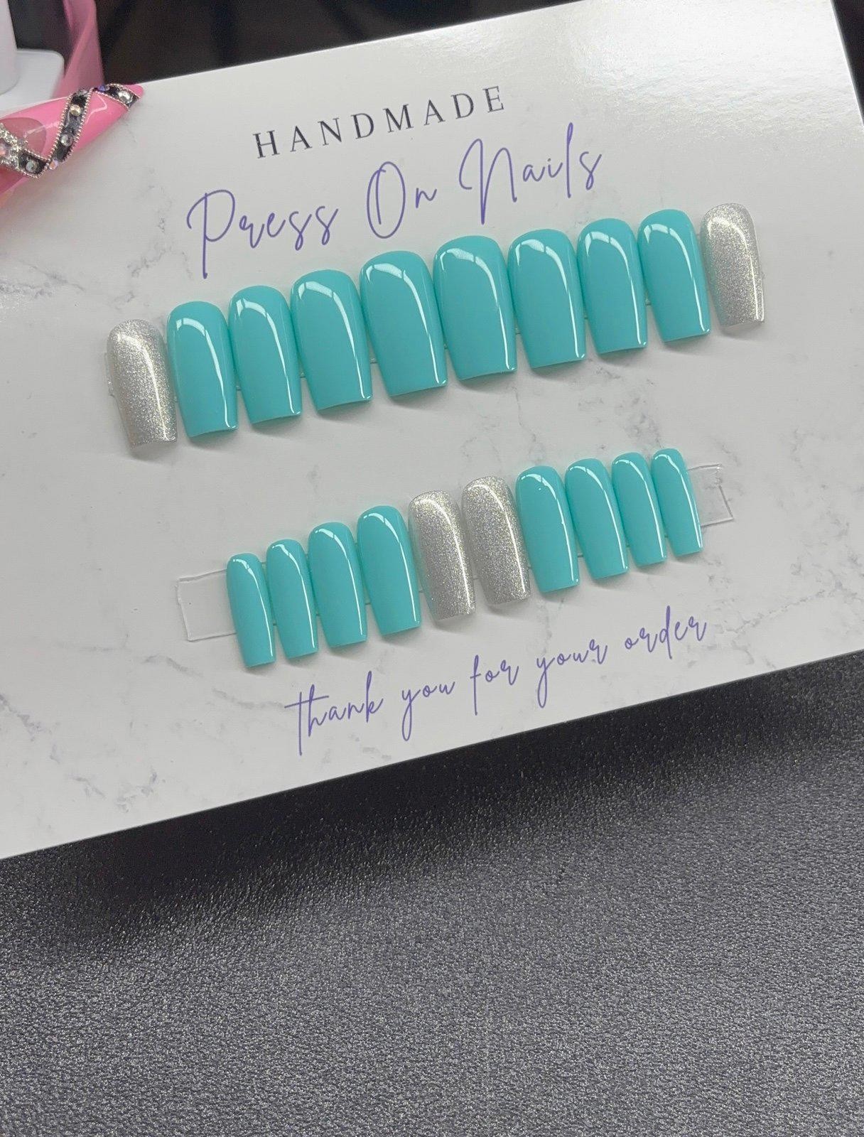 Medium square Press on nails silver glitter teal light blue handmade custom gel