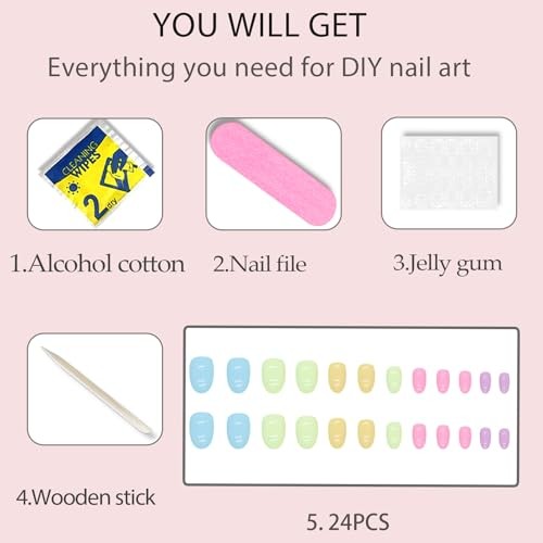 Short Almond Press on Nails， Short Fake Nails with Cute Multi -Color Rainbow