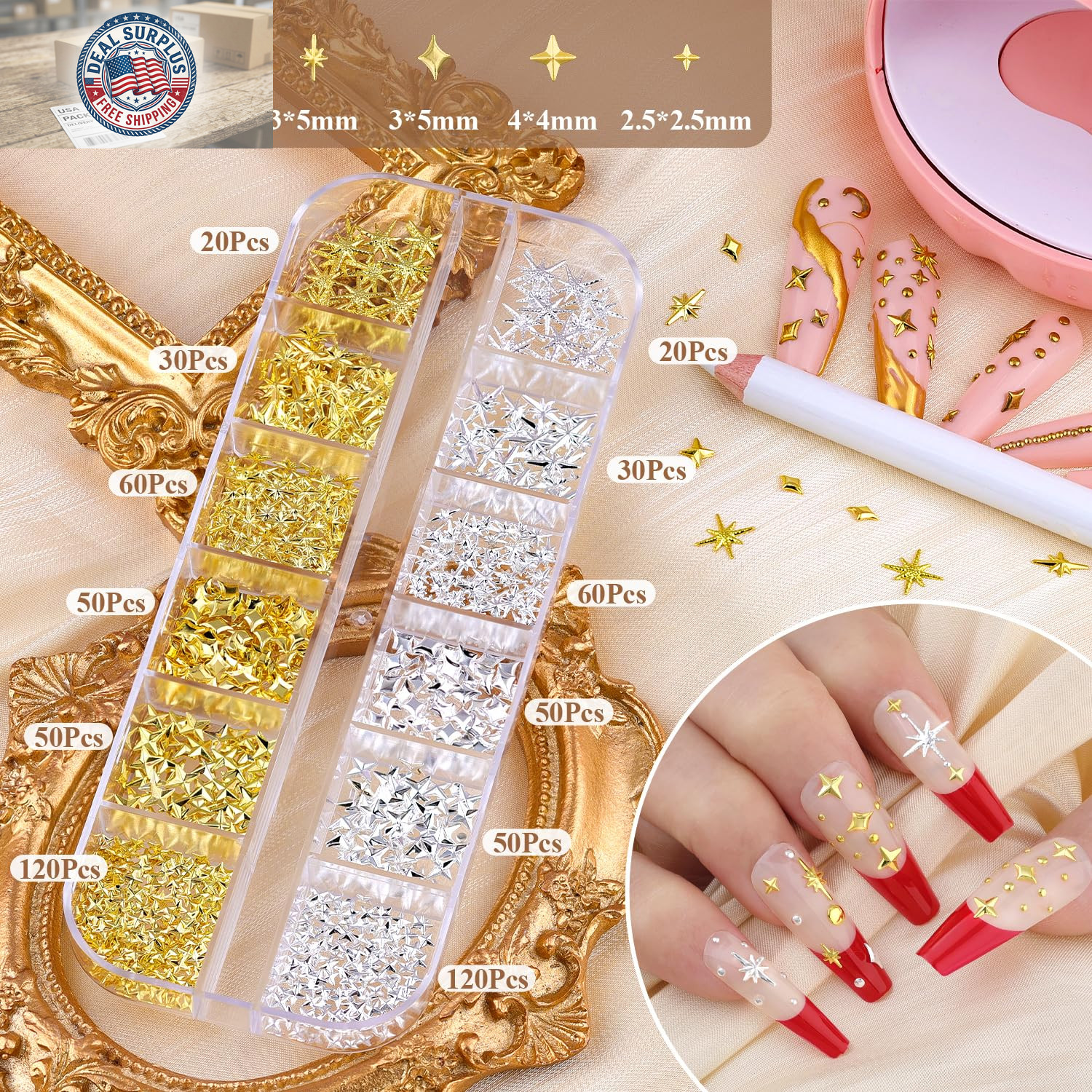 660Pcs 3D Star Nail Charms, Gold & Silver Multi-Shapes Metallic Nail Art Gems,Be
