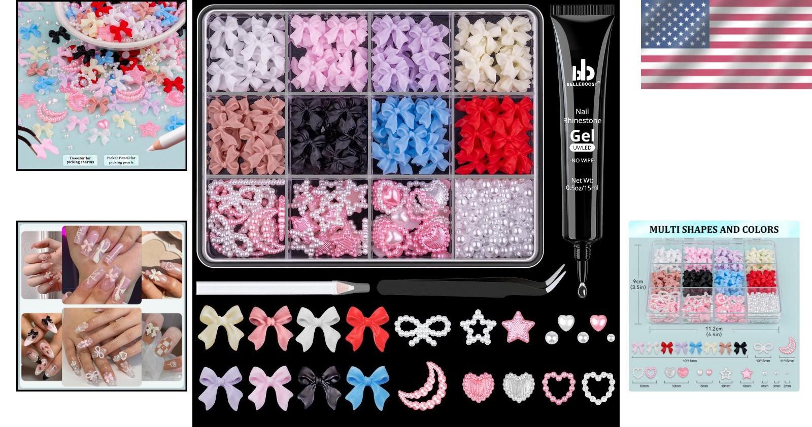 Colorful 600 Pcs Nail Art Set: 3D Charms, Flatback Pearls, No Wipe Glue Included