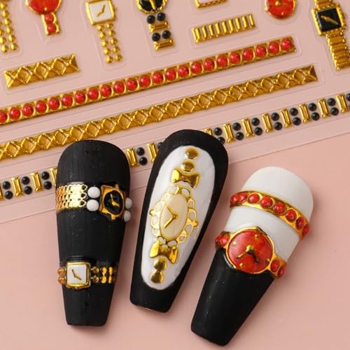 Gold Nail Stickers for Nail Art Wrist Watch Clock Nail Decals 5D Style-12