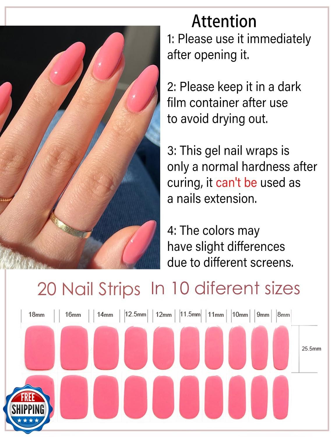 Semi Cured Gel Nail Strips, Coral Pink 20pcs Nail Sticker Wraps, UV Home DIY