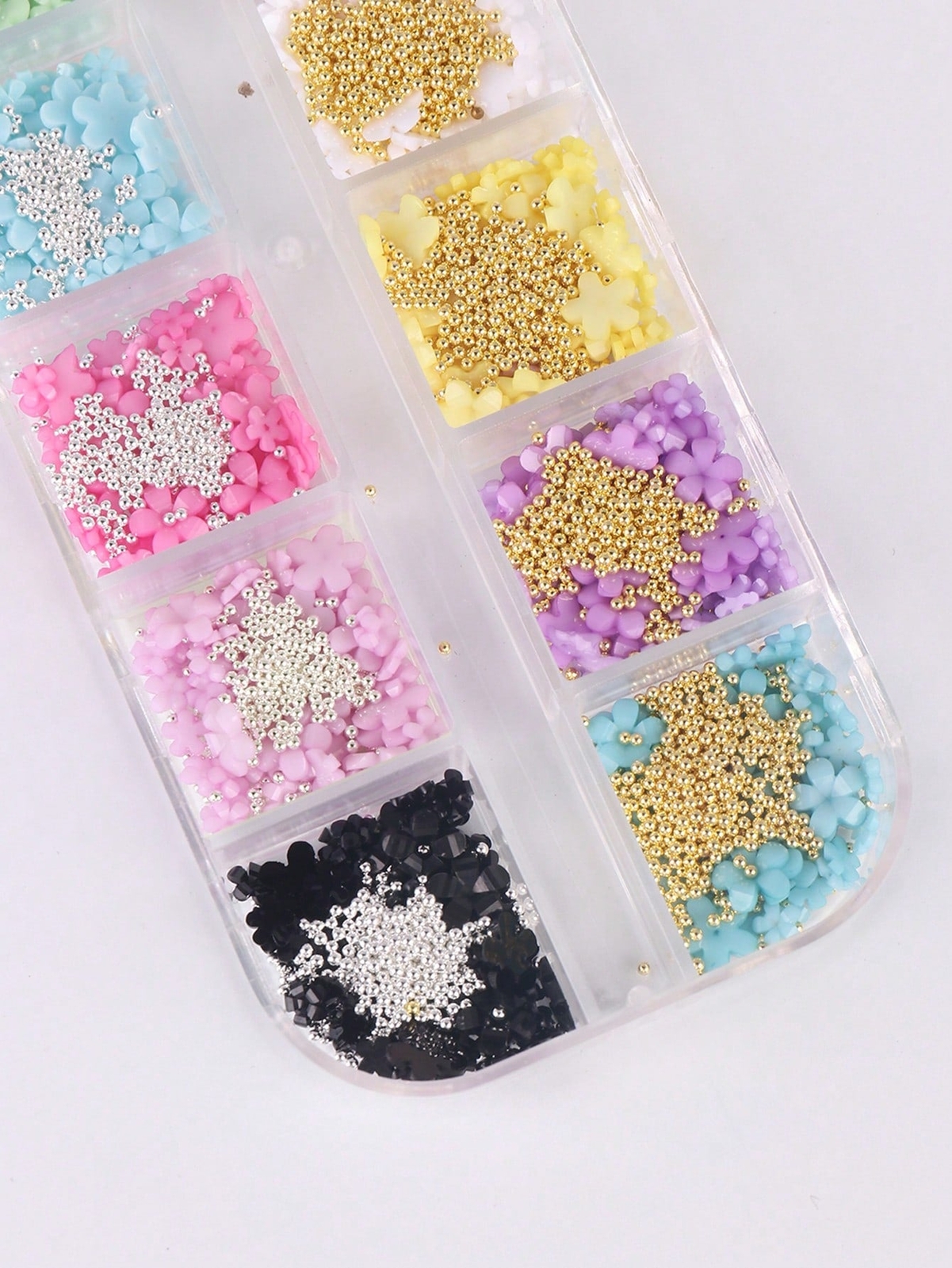 12 Grids 3D Acrylic Flower Nail Art Decoration, Mixed Size Colorful Flower Gold