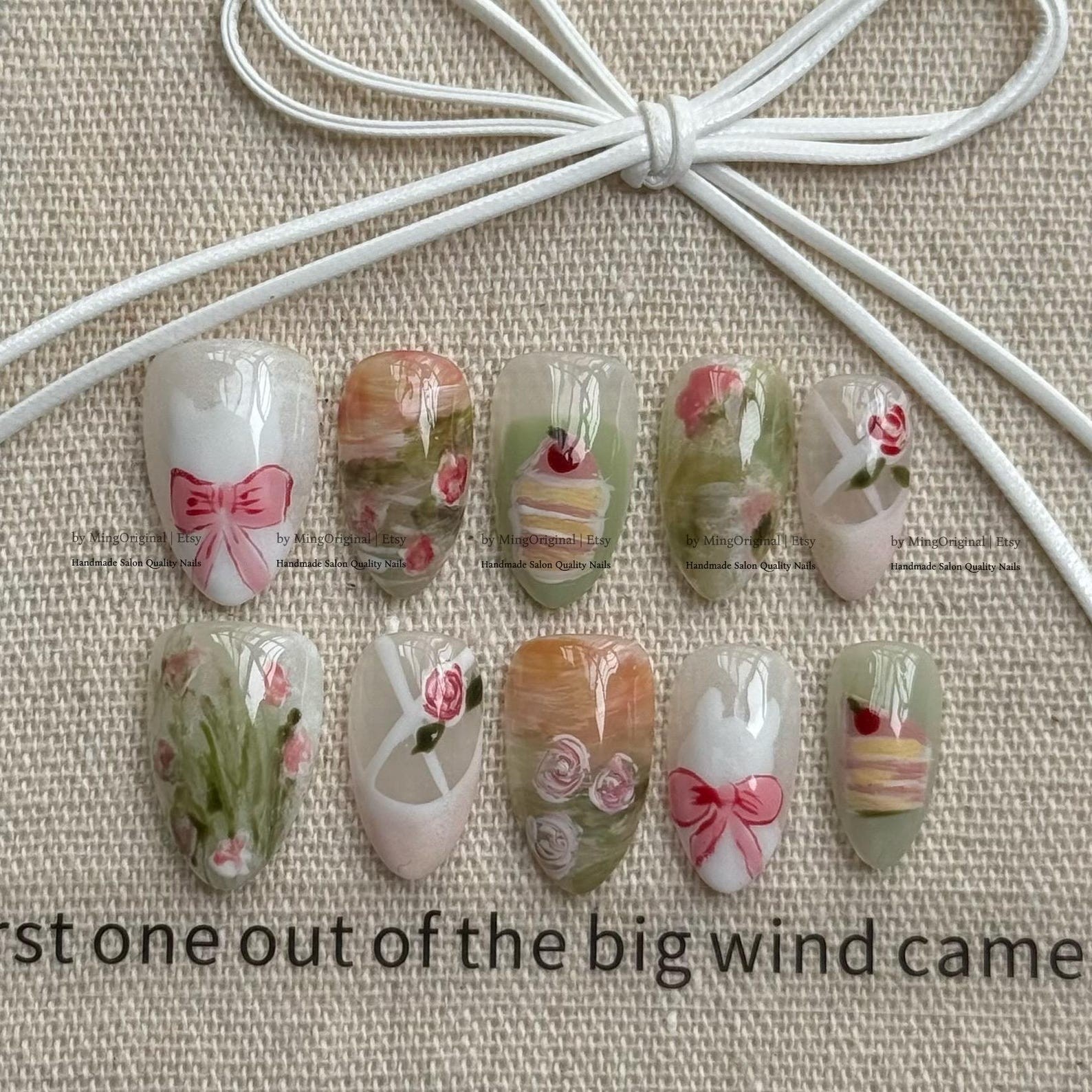 Handmade Vintage Watercolor Rose Cake Pink Bow Medium Almond Press on Nails